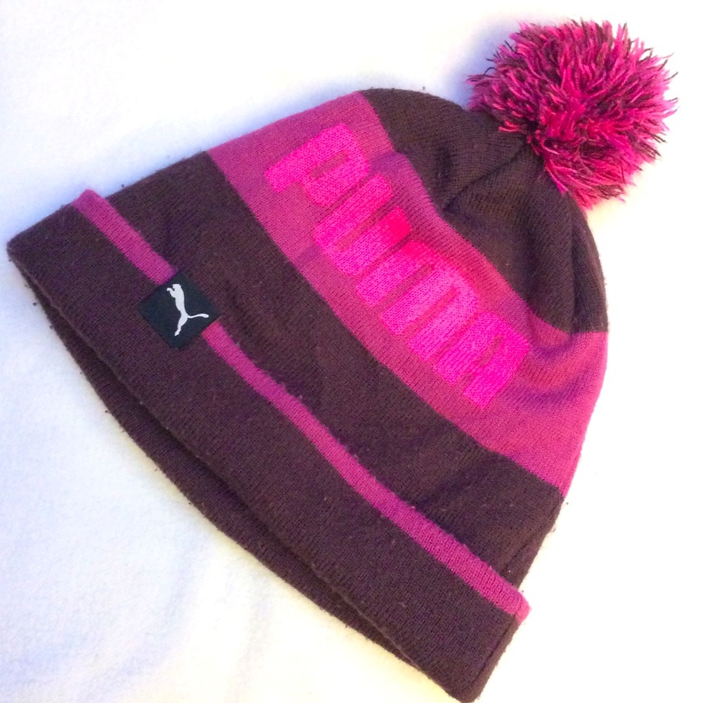 Puma pink and purple cuff pom-pom beanie hat